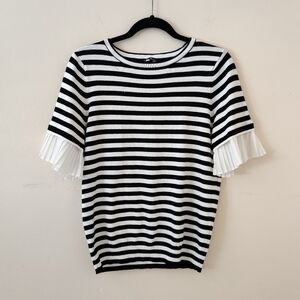 Milano Black and White Striped Knit Blouse With Pleated Sleeves